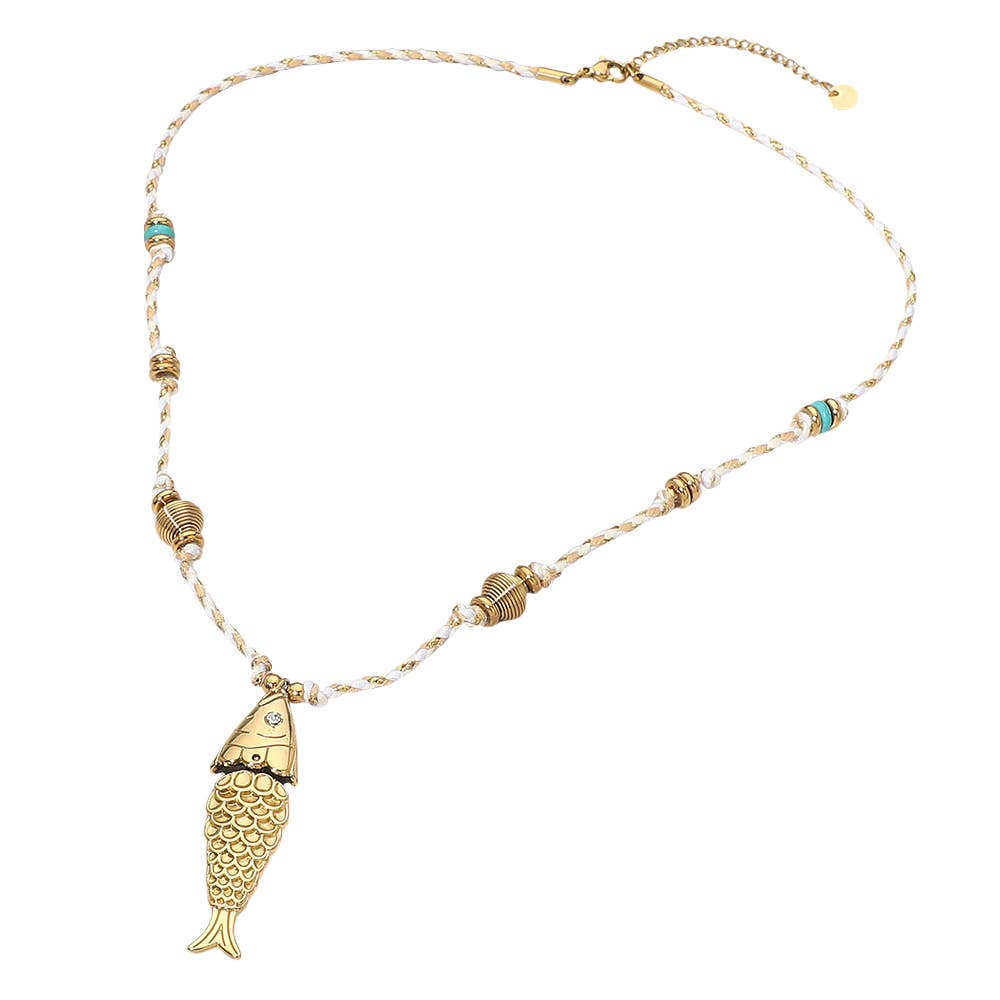 Stainless Steel Fish Pendant Accent Braided Thread Necklace