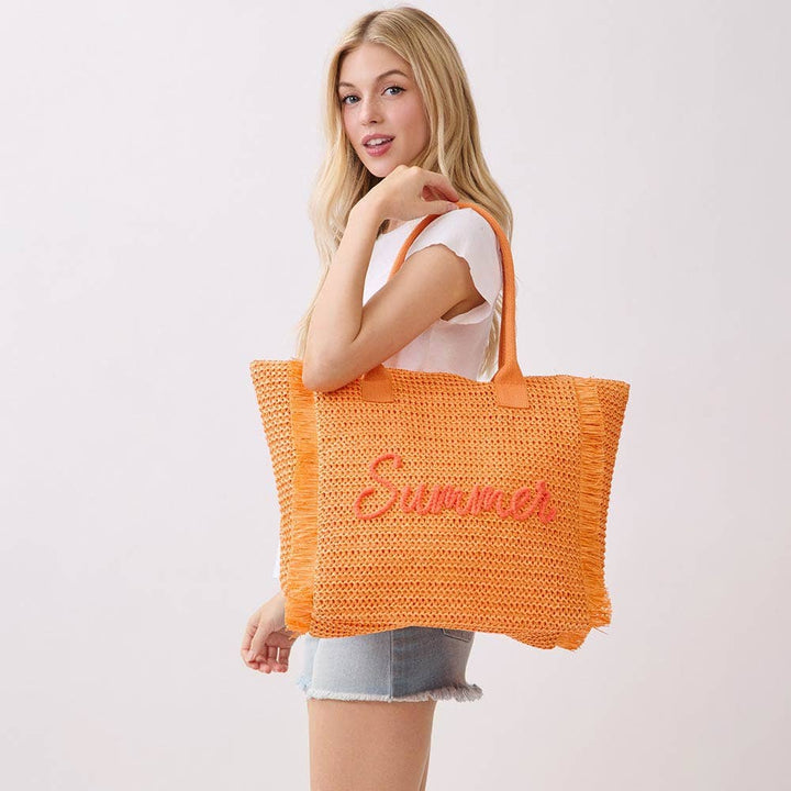 SUMMER Embroidery Woven Straw Fringe Tote Shoulder Bag