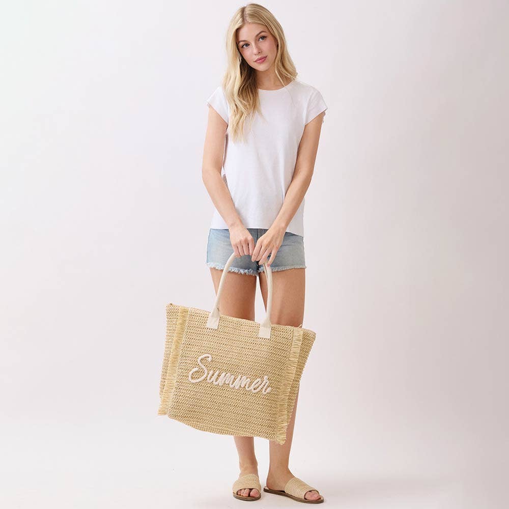 SUMMER Embroidery Woven Straw Fringe Tote Shoulder Bag