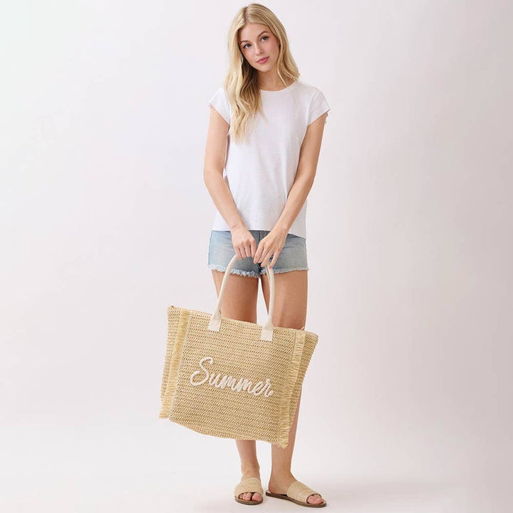 SUMMER Embroidery Woven Straw Fringe Tote Shoulder Bag