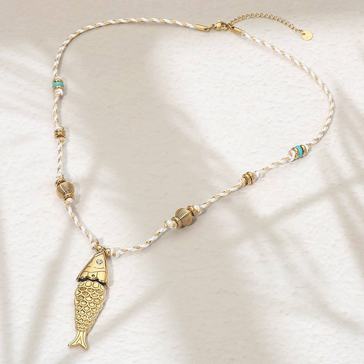 Stainless Steel Fish Pendant Accent Braided Thread Necklace